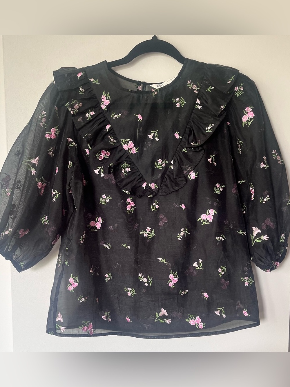 Zara Black Sheer Floral Embroidered Ruffle Puff Sleeve Blouse Medium